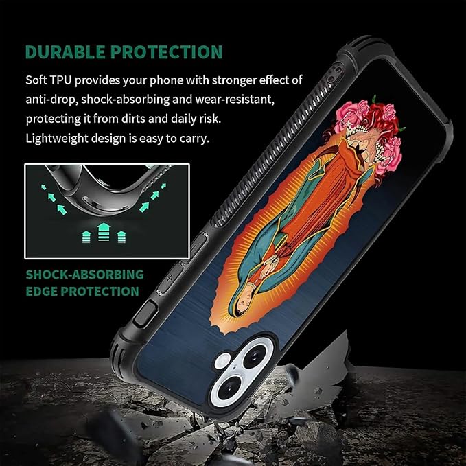 for iPhone 16 Plus Case, Red Virgen Guadalupe Pattern Graphic Design Girl Boy Soft Silicone Hard Acrylic Shock Protection for iPhone 16 Plus