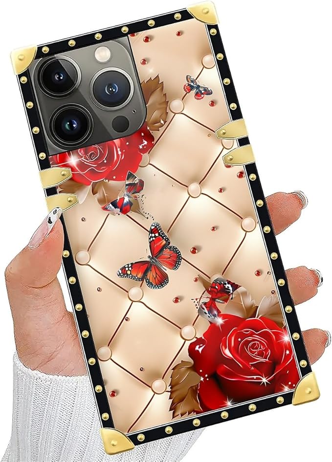 Compatible with iPhone 14 Pro Max Case, Shining Red Rose Butterfly Leather Background Luxury Golden Decoration for Girl Women Soft TPU Shockproof Protective Hard PC Back