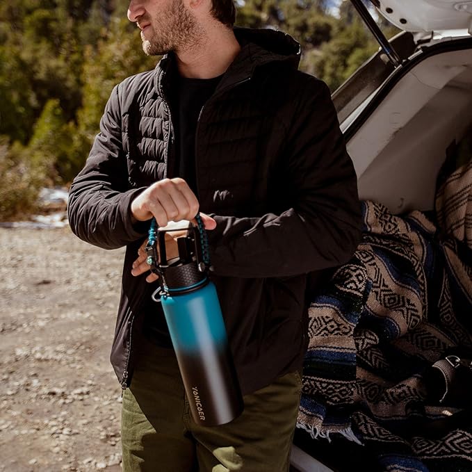 Insulated Water Bottle 40oz,Triple Wall Vacuum Stainless Steel(Dishwasher Safe),Leak Proof & Non-BPA,Flask Jug with Paracord Handle & Straw Spout Lids Sports Red