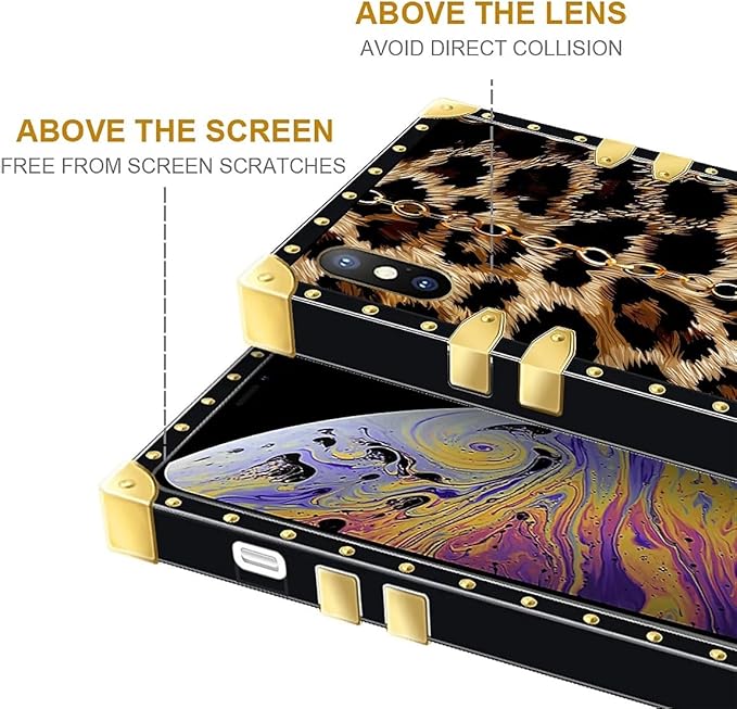 Compatible with iPhone Xs Max Case, Seamless Gold Chain Leopard Luxury Golden Decoration for Girl Women Soft TPU Shockproof Protective Hard PC Back for iPhone Xs Max