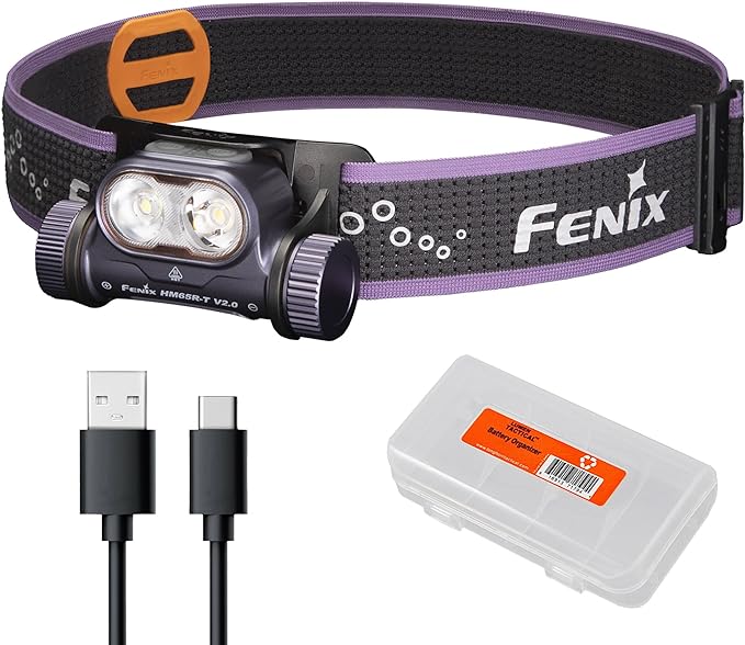 Fenix HM65R-T V2.0 Running Headlamp, 1600 Lumen White Light and Warm White Dual Beams, USB-C Rechargeable, Lightweight Long Runtime for Trail Running, with Organizer (Dark Purple)