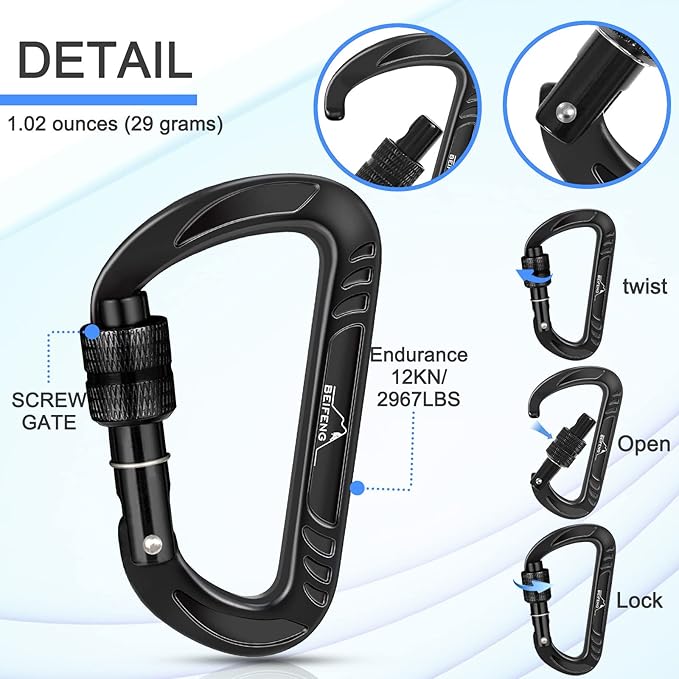 BEIFENG Heavy Duty Lightweight Locking Carabiner Clips D Ring for Camping Hiking Outdoor Gym etc, Carabiner with Lock Small Carabiners for Dog Leash & Harness