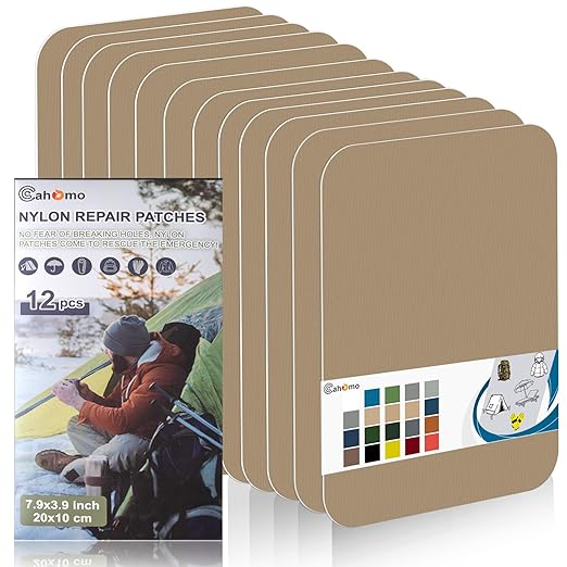 Cahomo 7.9x3.9 inch 12 PCS Nylon Repair Patch Nylon Repair Tape Self Adhesive Fabric Tapes Outdoor Camping Gear Fabric kit for Tent, Umbrella, Down Jackets, Sleeping Bag, Knapsack（Khaki）