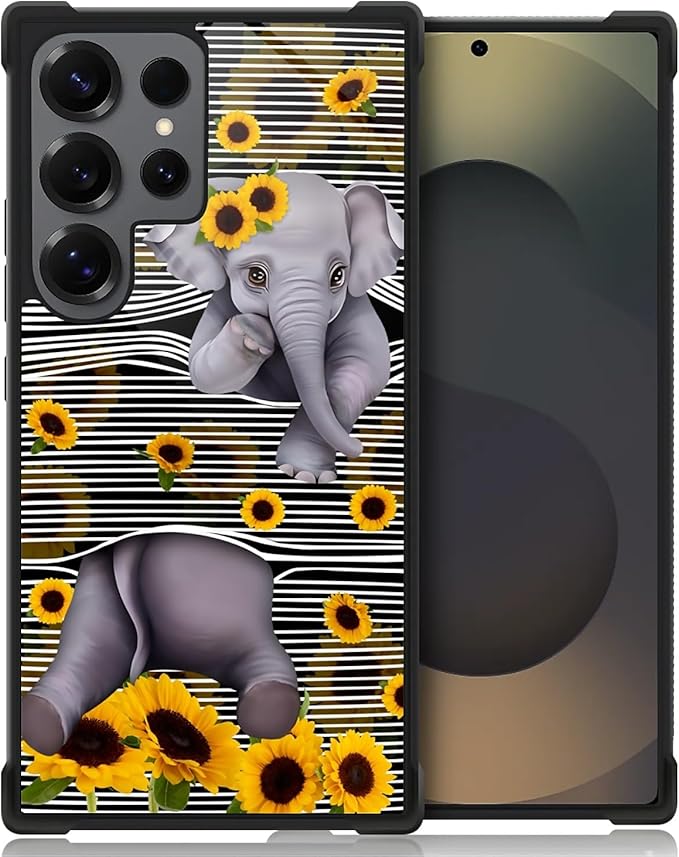 for Samsung Galaxy S25 Ultra Case,Graphic Design for Girl Boy Soft Silicone Hard Acrylic Shock Protection Designed Cute Little Elephant Sunflower White Line Art Pattern