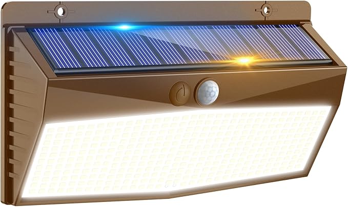 368 LED Solar Lights Outdoor Motion Sensor, Solar Fence Light with 3 Lighting Modes, Solar Powered Security Lights Waterproof for Outside Yard Wall Garden Backyard，Brown