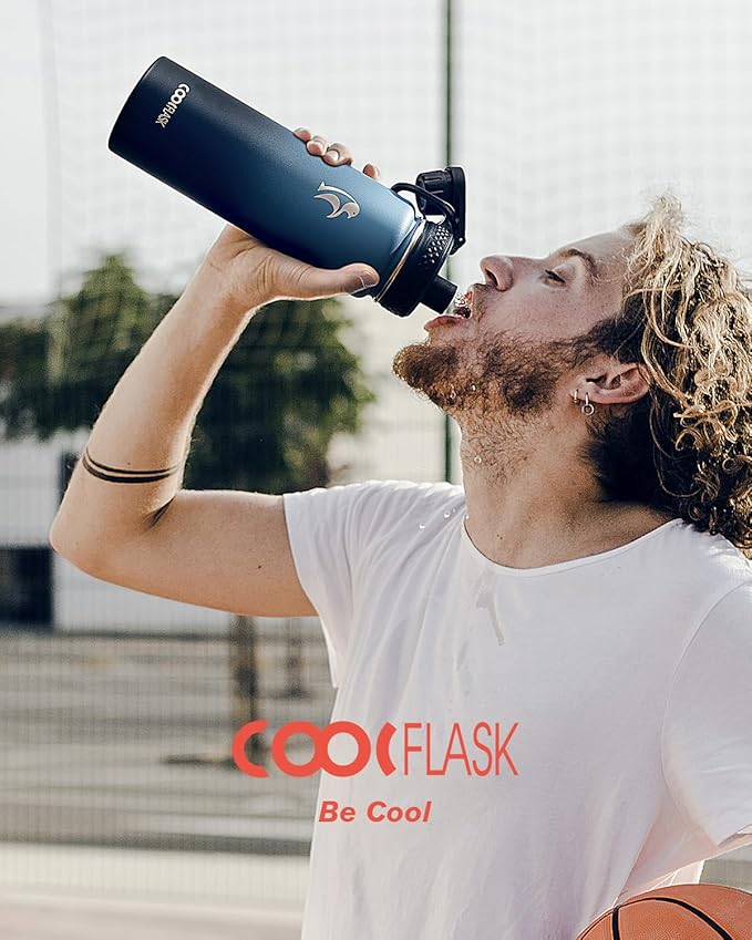 Coolflask Water Bottle 24 oz Insulated with Straw, Stainless Steel Metal 3 Lids Water Flask Wide Mouth for Sports or Office, Non-BPA Keep Cold Up to 48 Hrs or Hot Up to 24 Hrs, Samurai Cyan