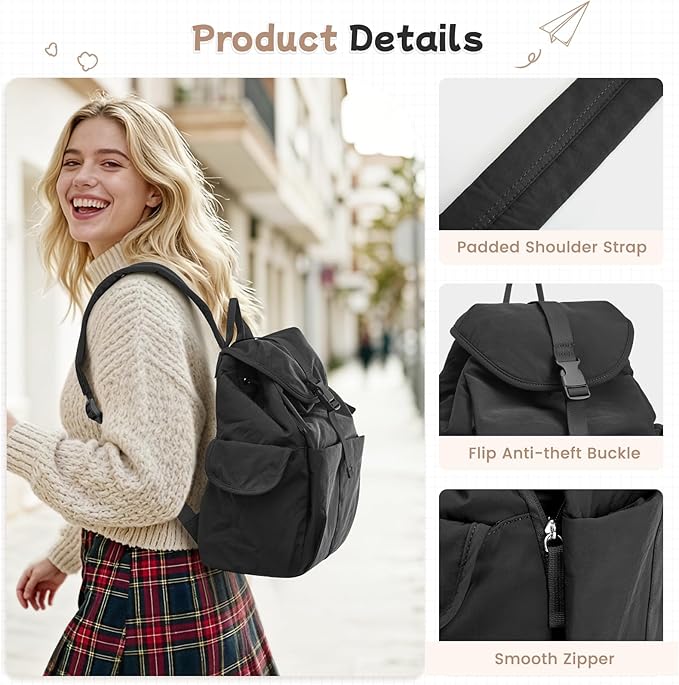 G4Free Small Backpack for Women, Nylon Casual Daypack for Work Travel Campus, Black