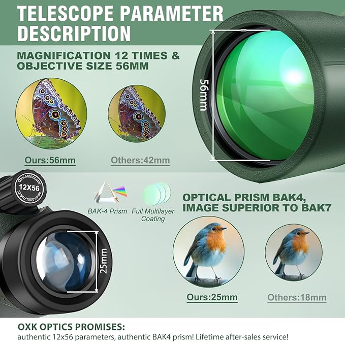 12x56 High Power Monocular Telescope for Adults | Comes with Smartphone Adapter Tripod Travel Bag | Bird Watching Hunting Hiking Camping Gift - Green