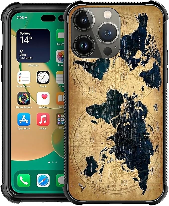 for iPhone 14 Pro Case, Brown World Map Pattern Graphic Design Girl Boy Soft Silicone Hard Acrylic Shock Protection for iPhone 14 Pro