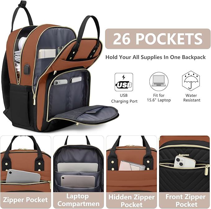 Laptop Backpack for Women Work Bag - 15.6 inch Travel Backpack with USB Charger College Bookbag Waterproof Business Computer Backpack Anti-theft Casual Backpacks for Nurse Teacher Black Brown