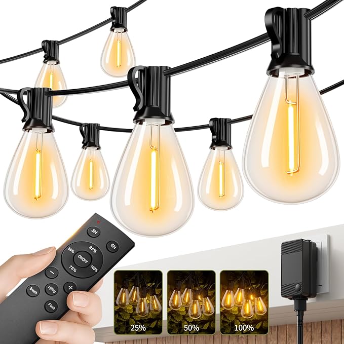 150FT LED Outdoor String Lights with Remote, One Continuous Strand Patio Lights with 55+2 Shatterproof S11 Bulbs, Dimmable 2200K Warm White, Timer & 3 Modes, Low Voltage for Backyard Garden