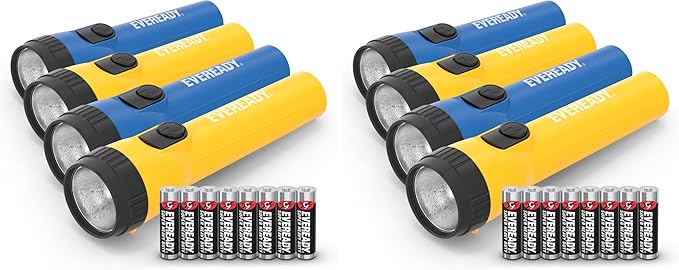 Eveready LED Flashlights (4-Pack), Bright Flashlights for Emergencies and Camping Gear, Flash Light with AA Batteries Included, Blue/Yellow (Pack of 8)