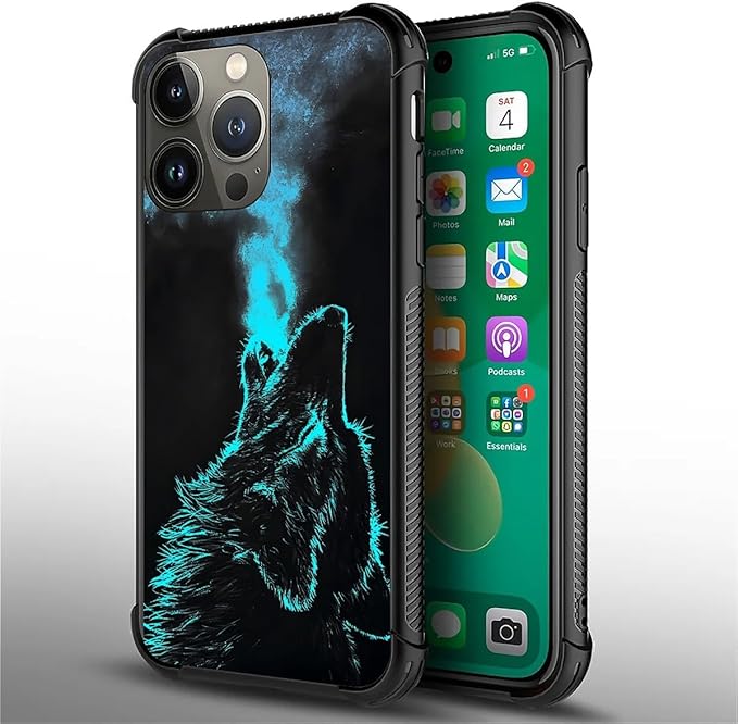 for iPhone 13 Pro Case, Blue Breathing Wolf Pattern Graphic Design Girl Boy Soft Silicone Hard Acrylic Shock Protection for iPhone 13 Pro