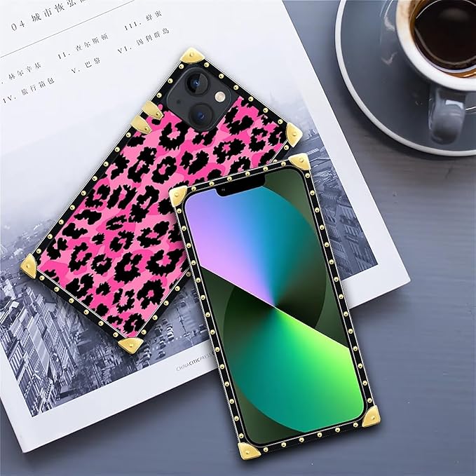 Compatible with iPhone 13 Case, Pink Black Leopard Luxury Golden Decoration for Girl Women Soft TPU Shockproof Protective Hard PC Back for iPhone 13