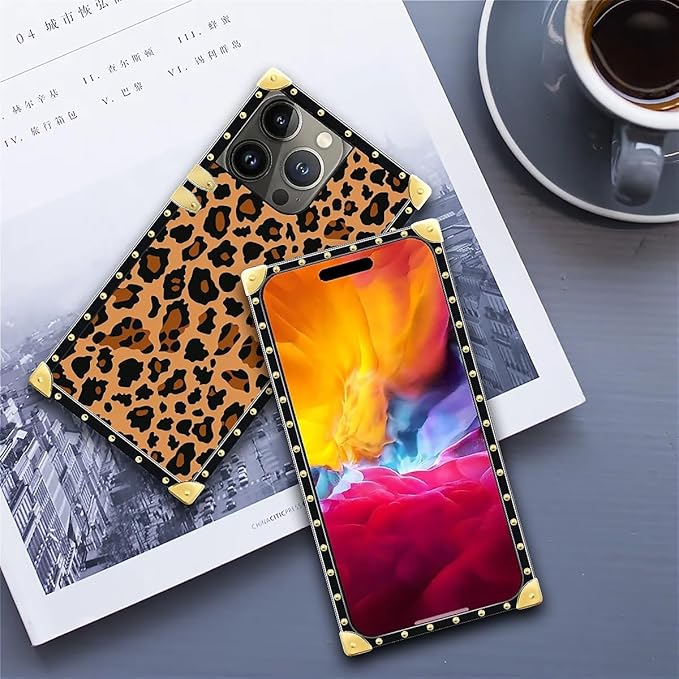 Compatible with iPhone 15 Pro Max Case, Brown Leopard Texture Luxury Golden Decoration for Girl Women Soft TPU Shockproof Protective Hard PC Back for iPhone 15 Pro Max