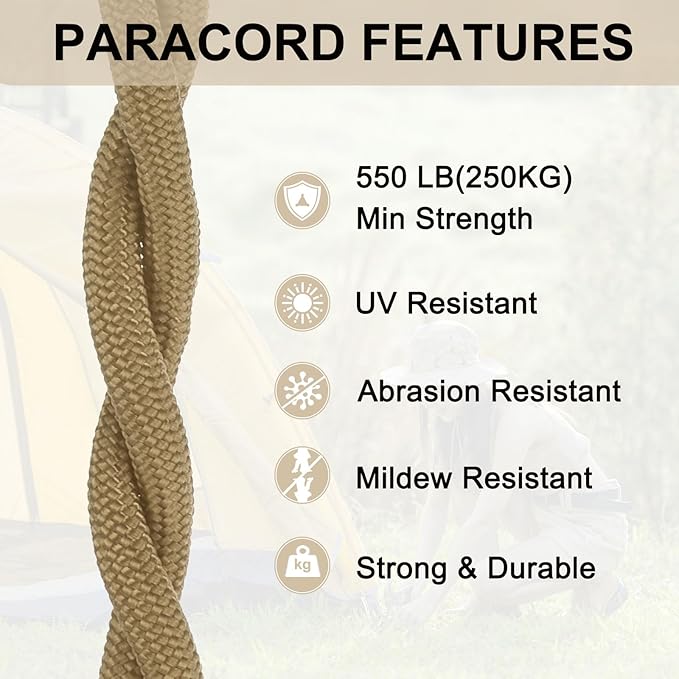 550 Paracord Rope 10ft, 4mm Thin Paracord Nylon Cord 7-Strand Core [for Tent Camping Outdoor Gear] - Light Brown
