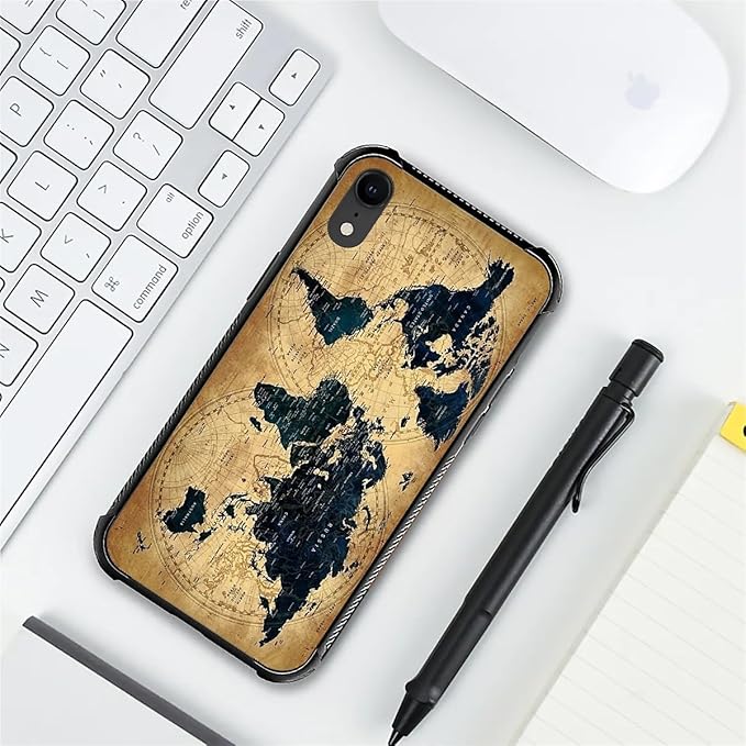 for iPhone XR Case, Brown World Map Pattern Graphic Design Girl Boy Soft Silicone Hard Acrylic Shock Protection for iPhone XR