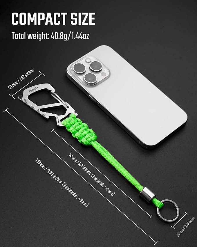 KeyUnity KC04 Paracord Keychain Carabiner Clip, Braided Lanyard with Stainless Steel Key Ring and Bead for Hanging Bottles