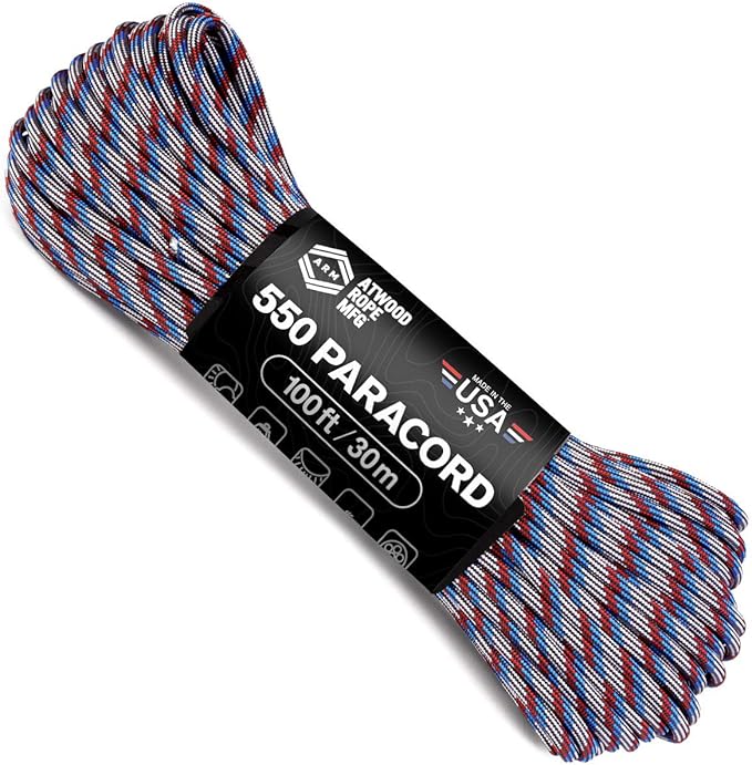 Atwood Rope MFG 550 Paracord 100 Feet 7-Strand Core Nylon Parachute Cord Outside Survival Gear Made in USA | Lanyards, Bracelets, Handle Wraps, Keychain (Captain America)
