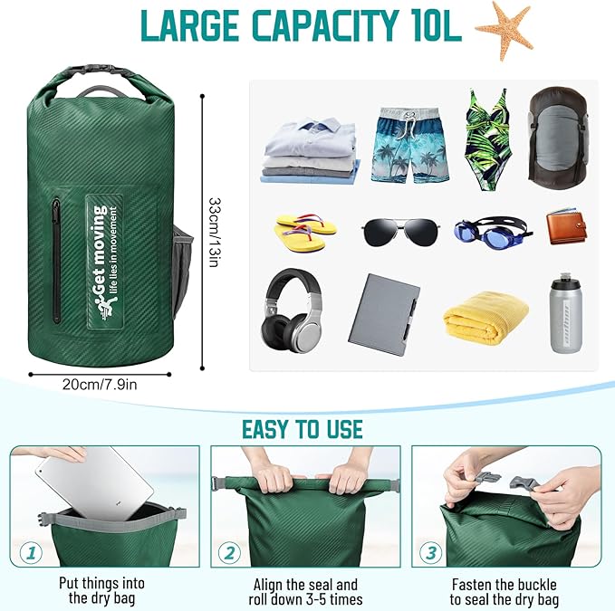 BKNOOU Dry Bag Waterproof Backpack for Women Men, 10L/20L Roll Top Dry Bags for Kayaking Waterproof Bag for Travel, Boating, Beach, Camping, Hiking & Rafting, Dry Storage Bag with Phone Pouch