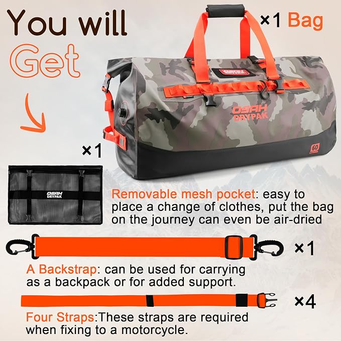 OSAH DRYPAK Waterproof Duffel Bag 25L/40L/60L – Heavy-Duty Motorcycle Tail Bag, Roll-Top Dry Bag for Travel, Camping, Boating, Kayaking, Outdoor Adventure
