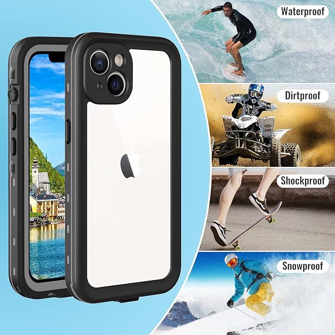 Waterproof Phone Case Compatible with iPhone 13, IP68 Waterproof Shockproof Dust-Proof Phone Case with Built in Screen Protector, Full Body Protective Case (Black, iPhone 13)