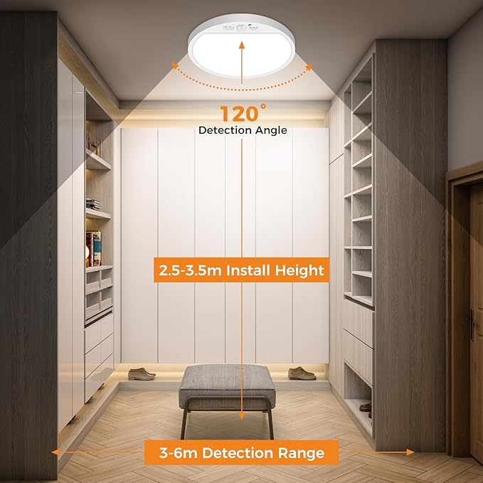 slochi Motion Sensor Light Indoor Wired, 8.7 Inch 3000K/4000K/6500K Closet Lights Motion Sensored, 18W 1800LM Flush Mount Ceiling Light for Hallway Pantry Stairwell Porch, White