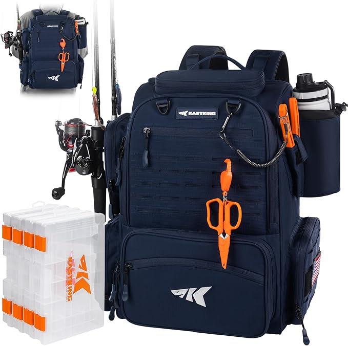 KastKing Bait Boss Fishing Tackle Backpack with Rod Holders-4 Tackle Boxes-Rain Cover,45/43L Large Storage for Fishing Gear