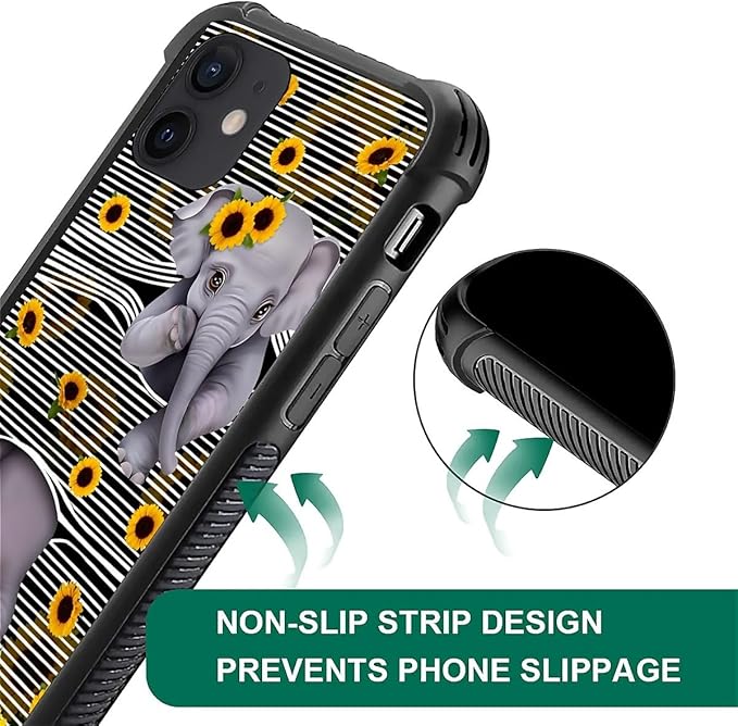 for iPhone 11 Case, Cute Little Elephant Sunflower White Line Art Pattern Graphic Design Girl Boy Soft Silicone Hard Acrylic Shock Protection for iPhone 11