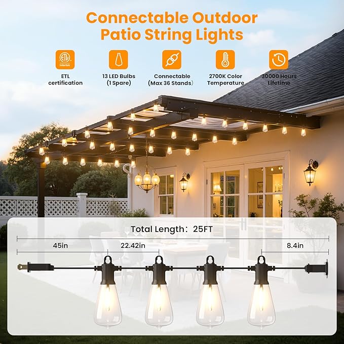ZOTOYI Outdoor String Lights, 25FT Waterproof Patio Lights with 13 (1 Spare) LED ST38 Vintage Edison Shatterproof Bulbs Outside Hanging Light for Backyard, Cafe, Porch, Gazebo Dimmable 2700K