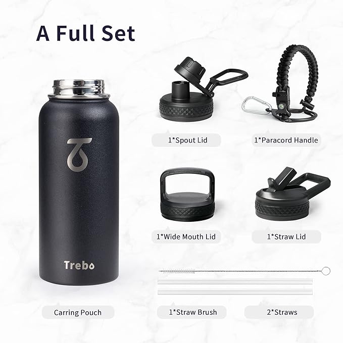 Trebo 32 oz Water Bottle Insulated with Lid and Straw,Triple Wall Vacuum Stainless Steel Metal Tumbler Sports Flask with Paracord Handle, Keep Hot 24 Hours & Cold 48 Hours Water Cup with 3 Lids, Black