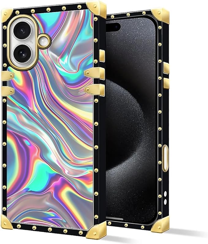 for iPhone 17 Case Luxury Golden Decoration for Girl Women Soft TPU Shockproof Protective Hard PC Back for iPhone 17 Crazy Pattern Holographic Abstract Iridescent Textures