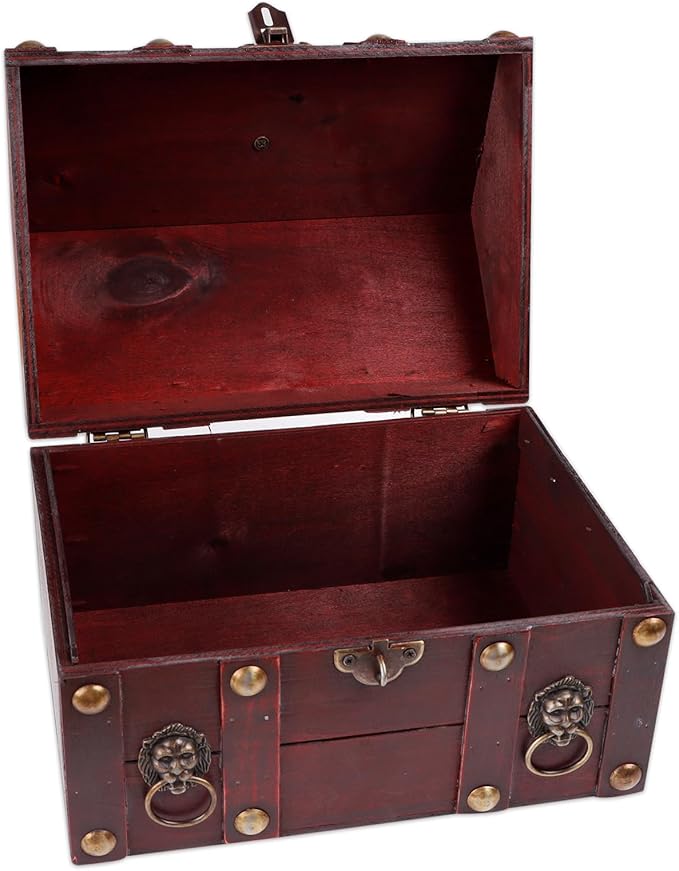 SICOHOME Large Treasure Chest 9.4“x6.9”x7“ Wooden Pirate Treasure Box with Hinged Lids, Rustic Vintage Decorative Keepsake and Jewelry Box, Trinket Storage Chest Box Christmas Ornament Storage