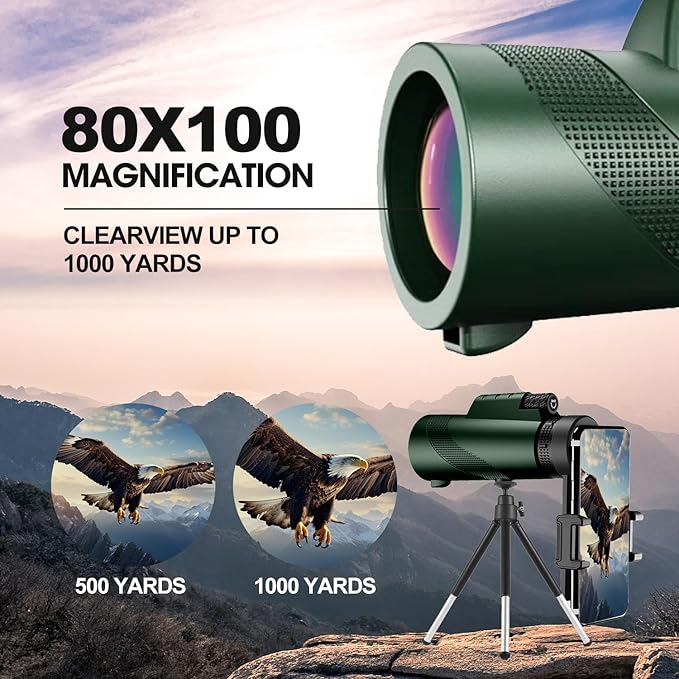 Monocular-Telescope 80x100 High Powered Monoculars High Definition for Adults with Smartphone Adapter for Bird Watching, Hunting Wildlife Bird Watching Travel Camping Hiking (Green)