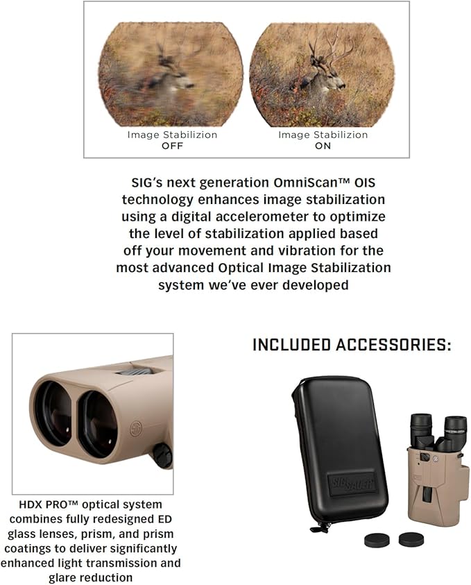 SIG SAUER ZULU6 HDX PRO 18x50mm Waterproof Fogproof Durable FDE Image Stabilized Hunting Binoculars, Multicoated Anti-Glare Lenses, Up to 40 Hours Runtine, Carrying Case & Carrying Strap Included