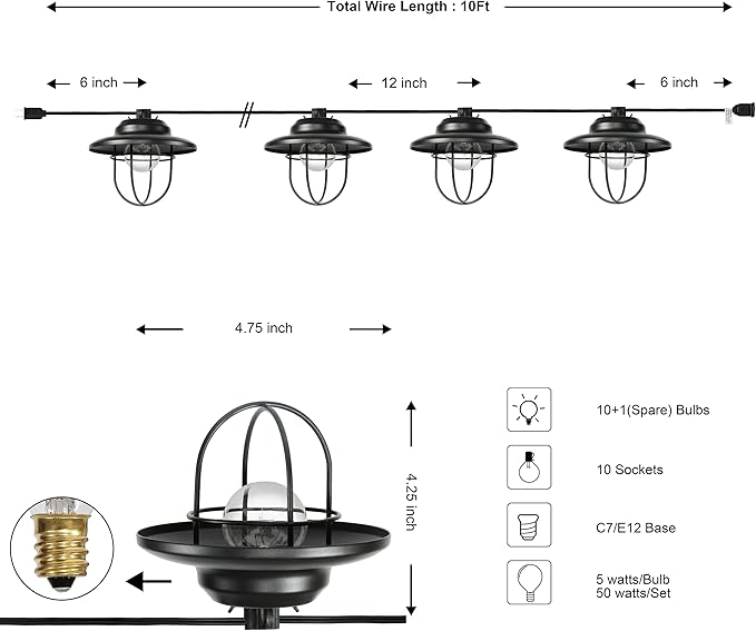 JONATHAN Y 10' Black 10-Light Rustic Farmhouse LED String Lights for Patio, Metal Cage Shade, Weatherproof Connectable Outdoor Hanging Lights, UL Listed JYL8703A
