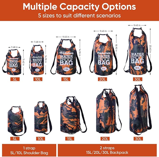 Waterproof Dry Bag 5L/10L/15L/20L/30L Roll Top Dry Storage Backpack with Phone Case, Collapsible Water Bottle, Sunglasses, Ear Band for Kayaking Boating Swimming Fishing Camping, Orange 15L
