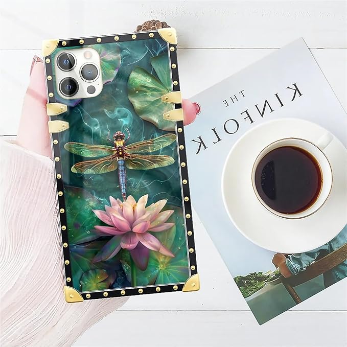 Compatible with iPhone 11 Pro Max Case, Colourful Dragonfly Pink Lily Pads Luxury Golden Decoration for Girl Women Soft TPU Shockproof Protective Hard PC Back for iPhone 11 Pro Max