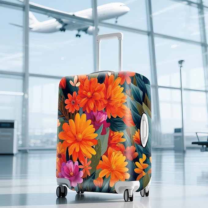 ANNA QUEEN Boho Floral Luggage Cover,Spring Orange Flower Pattern Suitcase Protector,Stretchable,Washable & Water Resistant, Universal Fit for 24-26 Inch Checked Baggage