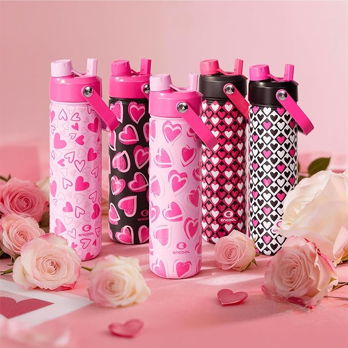 ENCOOL Valentine's Day Insulated Water Bottle with Straw Stainless Steel Water Bottle, Leak-Proof, BPA-Free, Keeps Cold for 24 Hours for Sports, Travel, School (26 oz, Sweet Hearts Pink x Mint)