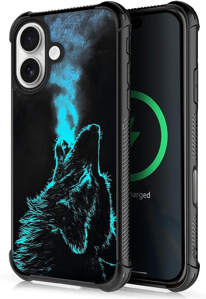 for iPhone 17 Case,for MagSafe Graphic Design for Girl Boy Soft Silicone Hard Acrylic Shock Protection Designed for iPhone 17 Blue Breathing Wolf Pattern