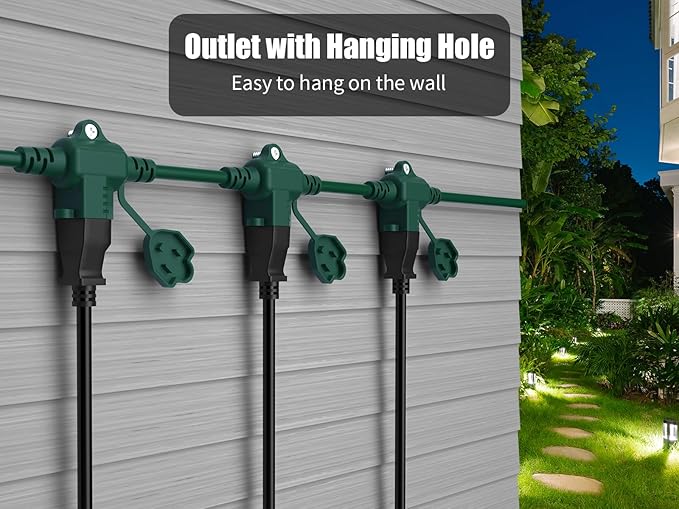25Ft Outdoor Extension Cord Multiple Plugs- Evenly Spaced 3 Outlets Plugs with Safety Cover, 16/3 SJTW Green Outdoor Extension Cord for Landscape, Christmas Tree Lights, Holiday, ETL Listed