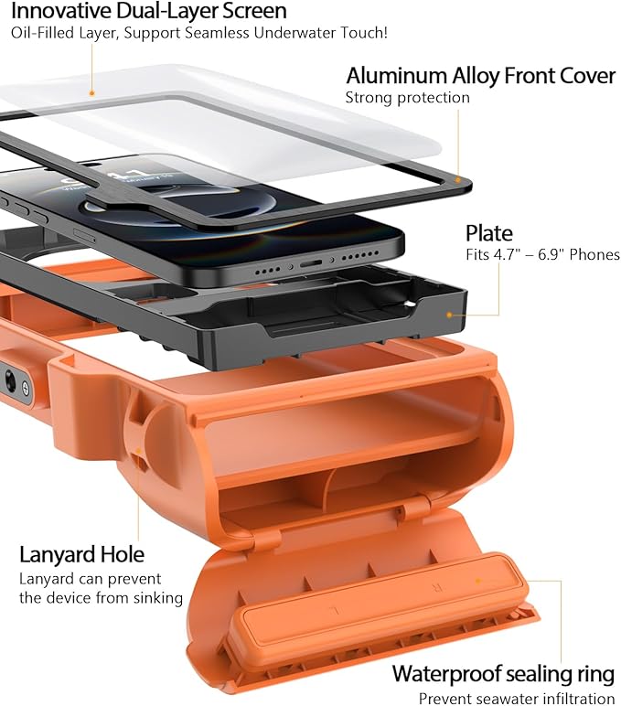 Waterproof Phone Case for Snorkeling - Underwater Touchscreen Housing, Universal Underwater Photo&Video Diving Case for iPhone 17/16/15/14 Pro Max Samsung Galaxy S25/S24 Ultra Up to 6.9'' Orange