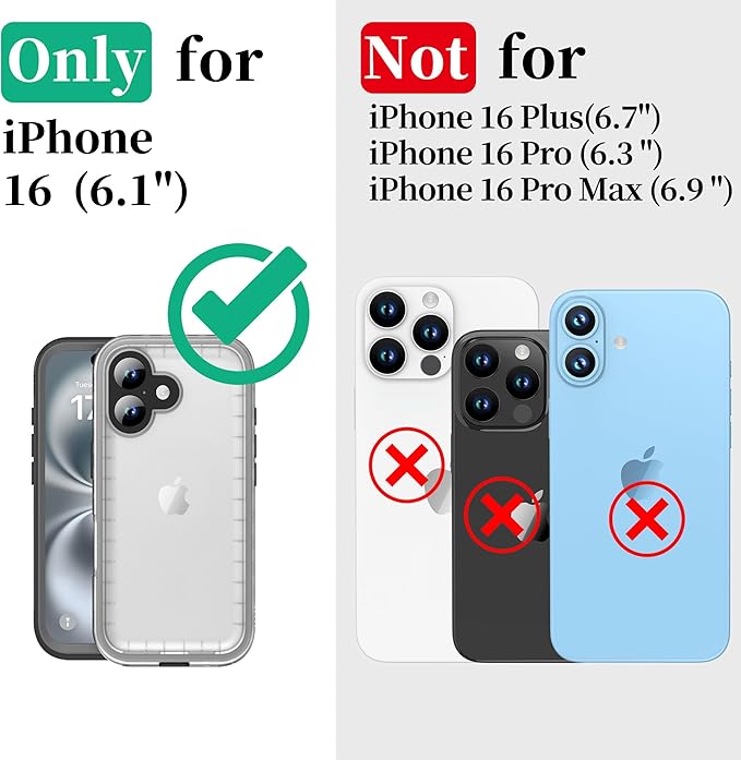 Cozycase for iPhone 16 Case Waterproof - 360 Heavy Duty with Screen/Camera Protector Shockproof IP68 Underwater Dustproof Water Dust Shock Proof Full Body/Front Back Case Black/Frosted Clear 6.1 inch