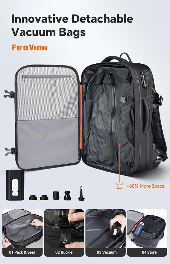 Vacuum Backpack Travel, 70L Expandable Carry On Backpack With Compression System, 2 Detachable TPU Vacuum Bags, TSA Lock, Water-Resistant, Fits 16" Laptop for Business & Travel