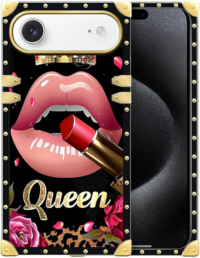for iPhone 17 Air Case Luxury Golden Decoration for Girl Women Soft TPU Shockproof Protective Hard PC Back for iPhone 17 Air Crazy Pattern Glitter Red Rose Queen Leopard Lipstick