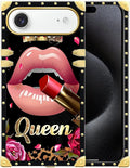 for iPhone 17 Air Case Luxury Golden Decoration for Girl Women Soft TPU Shockproof Protective Hard PC Back for iPhone 17 Air Crazy Pattern Glitter Red Rose Queen Leopard Lipstick