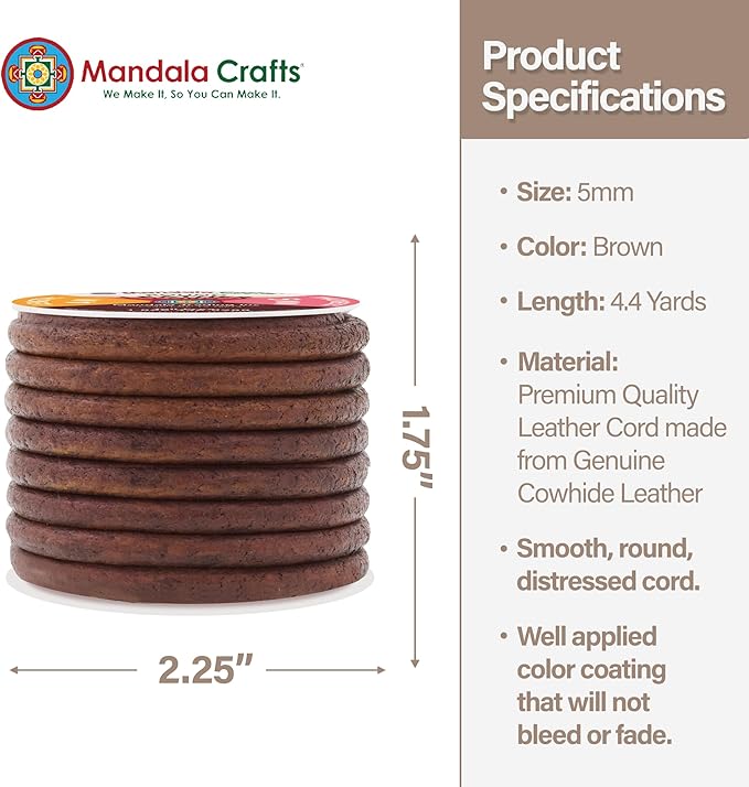 Mandala Crafts Round Genuine Distressed Brown Leather Cord for Jewelry Making – 5mm Cowhide Leather Rope String Lace for Kumihimo – 4.4 Yards Cowhide Craft Cording Spool