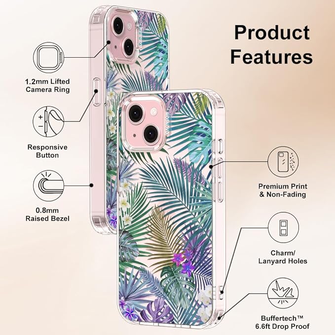 MOSNOVO Case for iPhone 15 Plus/iPhone 14 Plus, [Buffertech 6.6ft Military-Grade Drop Protection] [Anti Peel Off Tech] Clear TPU Bumper Phone Case Cover Design - Tropical Rainforests