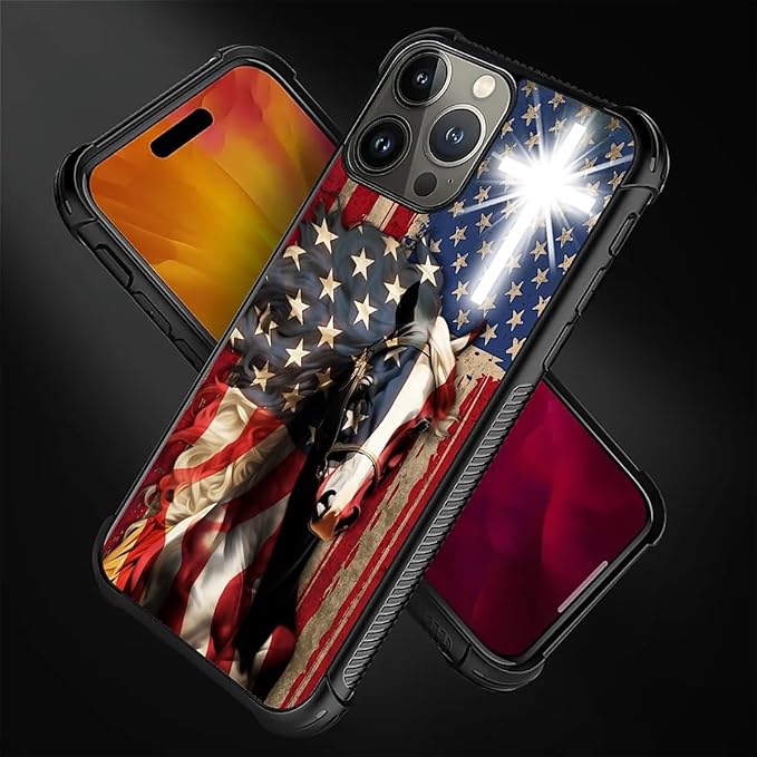 for iPhone 16 Pro Case, Red American Flag Horse Cross Pattern Graphic Design Girl Boy Soft Silicone Hard Acrylic Shock Protection for iPhone 16 Pro